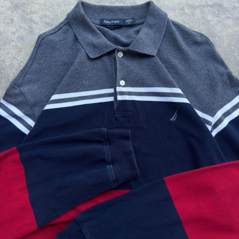 Vintage 90s Nautica Striped Rugby Shirt Preppy Navy Red XL (k1)